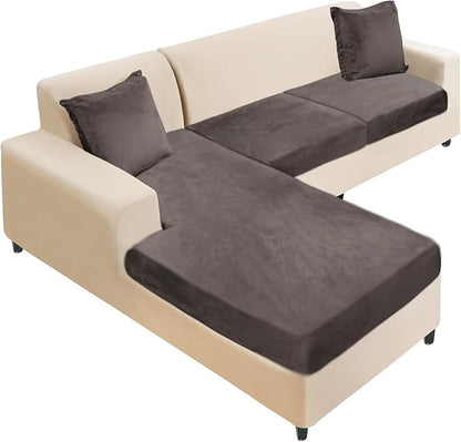 NAISI Sectional Couch Cover 3 Pieces Velvet Separate Couch Cushion Covers L Shape Soft Stretch Sofa Slipcovers with 2pcs Pillowcases for Left/Right Chaise Sectional Couch(2 Seater+1 Chaise,Brown)