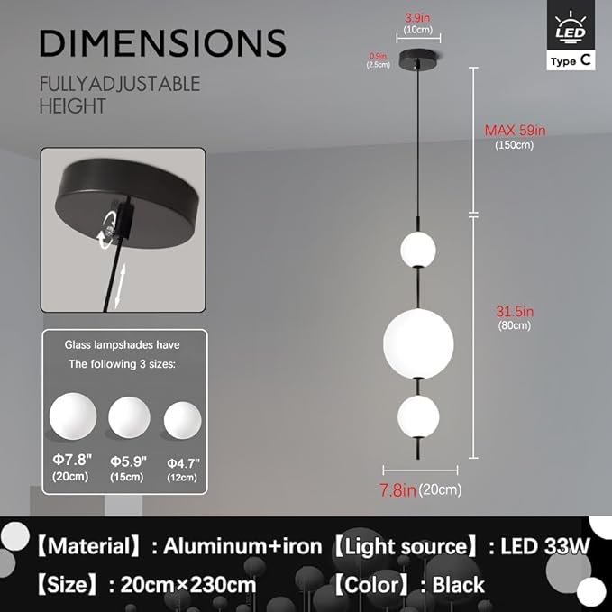 Modern Kitchen Island Pendant Lights, White Acrylic Globe Chandeliers, Dimmable Black LED Pendant Lights, Adjustable Indoor Hanging Light Fixture for Dining Room Bedroom Living Room