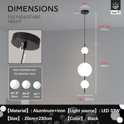 Modern Kitchen Island Pendant Lights, White Acrylic Globe Chandeliers, Dimmable Black LED Pendant Lights, Adjustable Indoor Hanging Light Fixture for Dining Room Bedroom Living Room