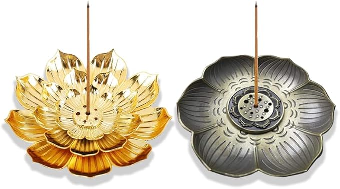 Incense Holder with Incense Stick Tray,Multi-Functional Incense Burner and Stick Holder Combo,Detachable Ash Catcher (Golden,Bronze Lotus)
