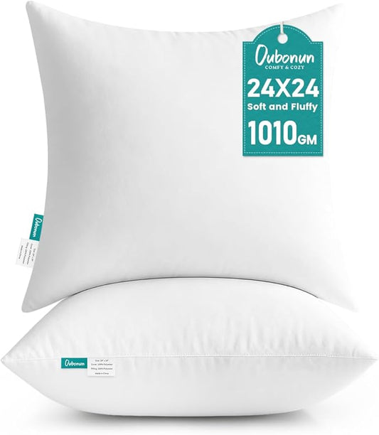 Oubonun 24 x 24 Throw Pillow Inserts - Soft, Plush & Decorative Down Alternative Pillows for Couch Sofa Bed, Machine Washable - White, Pack of 2