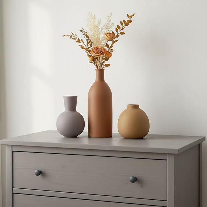 Ceramic Vase Set of 3 - Small Modern Minimalist Ceramic Bud Vases for Home Decor - Boho Aesthetic Flower Vases for Desk, Shelf & Table, Mantle, Bookshelf (Cute & Versatile) (Brown Mix)