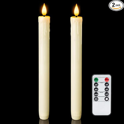 Homemory 2 PCS Flameless Taper Candles with Remote and Timer, 9.6 inch Ivory LED Candle Sticks Battery Operated, Dripless Real Wax Window Candles with 3D Flickering Flame for Fireplace Christmas