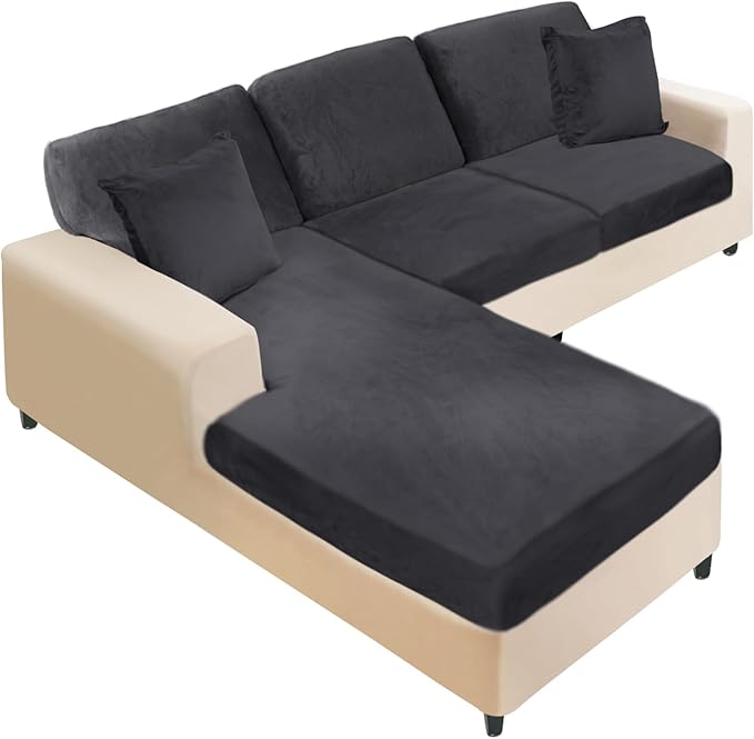 NAISI Sectional Couch Covers 6 Pieces Velvet Couch Cushion Covers L Shape Soft Stretch Sofa Slipcovers with 2pcs Pillowcases for Left/Right Chaise Sectional Couch(2 Seater+1 Chaise+3 Back,Black)