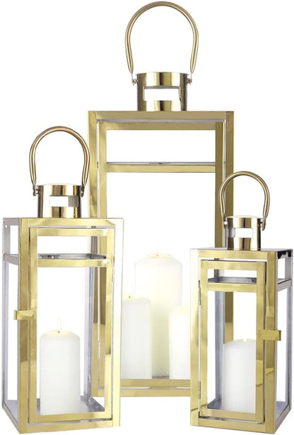 TRIROCKS Elegant Gold Stainless Steel Lantern Set- 3 Sizes (12", 15", 19") - Tempered Glass Panel Metal Lanterns for Versatile Indoor & Outdoor Decorating - Perfect for Celebrations