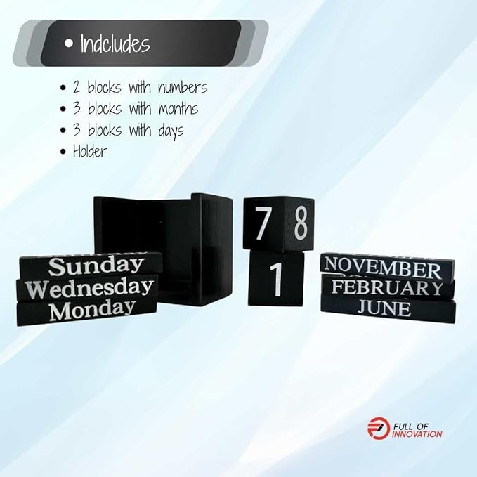 wood block perpetual calendar, ideal for desk 2025, office accesory, black and white, wooden solid, day week month, father gift, school, new year