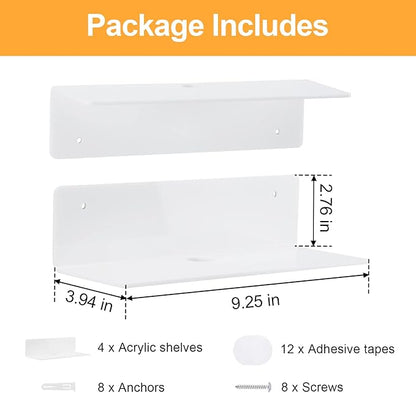 9 Inch Acrylic Floating Shelf No Drill Adhesive Wall Shelf Set of 4 for Funko Pop Storage, Floating Shelves Damage-Free Expand Wall Space for Living Room, Bathroom, Gaming Room, Office - White