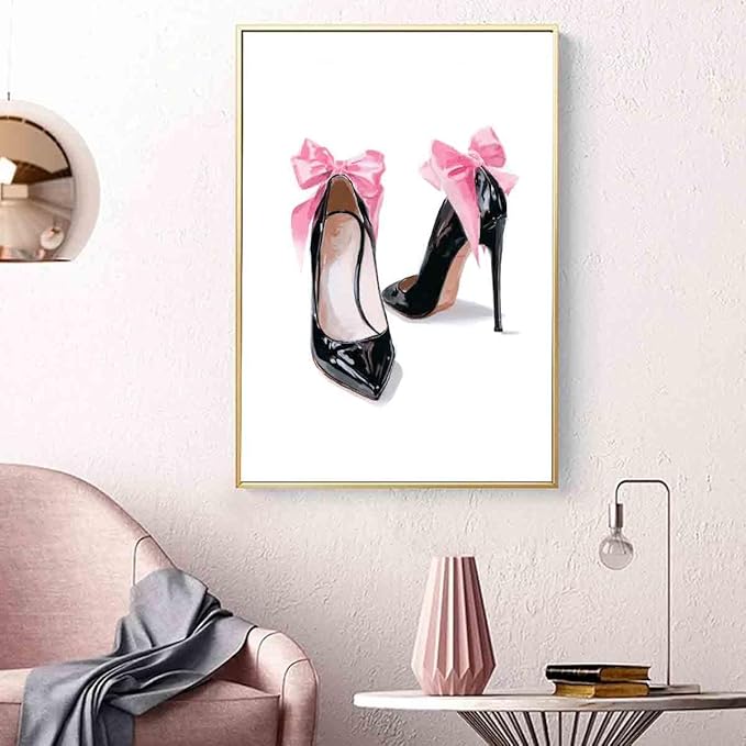 High Heel Canvas Wall Art Pink Heels Picture Pink Bow Picture High Heels Shoe Posters Preppy Vintage Shoes Paintings Girly Trendy Artwork Aesthetic Poster Trendy Pictures Room Decor 16x24inch No Frame