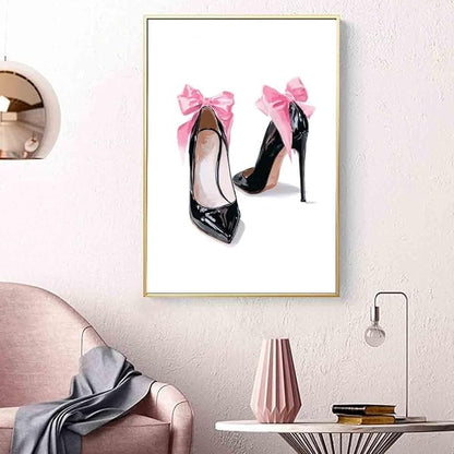 High Heel Canvas Wall Art Pink Heels Picture Pink Bow Picture High Heels Shoe Posters Preppy Vintage Shoes Paintings Girly Trendy Artwork Aesthetic Poster Trendy Pictures Room Decor 16x24inch No Frame