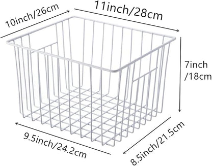 Slideep 11'' Farmhouse Freezer Food Storage Organizer Baskets Modern Refrigerator Metal Wire Basket Bin with Built-in Handles for Kitchen, Pantry, Bathroom, Cabinets, White -Set of 6