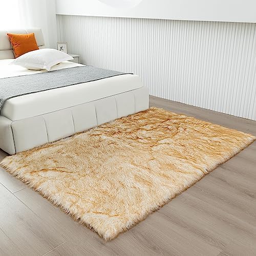 Fluffy Faux Fur Rug White Yellow Sheepskin Area Rug,4x6 Ft Ultra Soft Shaggy Plush Rug for Bedroom Bedside Living Room Nursery Kids Room