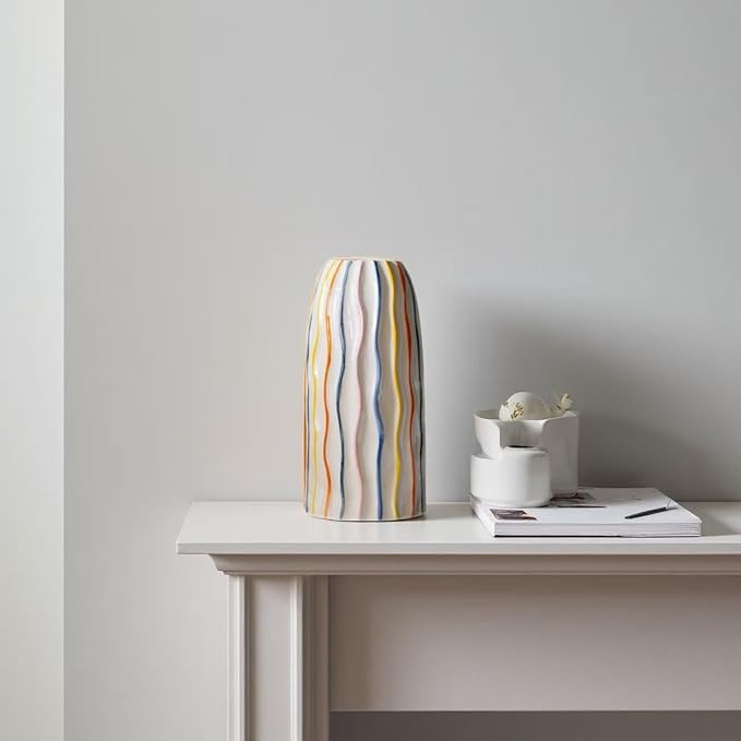 Handmade Beige Ceramic Vase with Colorful Stripes,Modern Boho Home Decor Centerpiece, Unique Holiday&Housewarming Present for Women (Style B)
