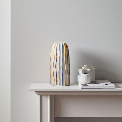 Handmade Beige Ceramic Vase with Colorful Stripes,Modern Boho Home Decor Centerpiece, Unique Holiday&Housewarming Present for Women (Style B)