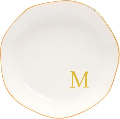 Ceramic Jewelry Tray Initial Ring Dish Personalized M-Monogrammed Engagement Wedding Gifts, for Birthday Mother's Day Christmas for Women, Ceramic White 4.75" (M)