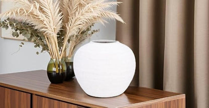 Off-White Vase with Subtle Ribbed Textured-Modern Minimalist Decorative Vase for Dried Flowers, Elegant Table Decor for Shelf Fireplace Mantel [7.5” W x 6.5” H]