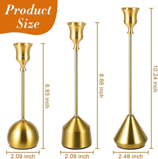 Elegant Vintage Brass Gold Candlestick Holders, Set of 3 Taper Candle Holders with Weighted Base for Wedding, Dining Table, Holiday Decor