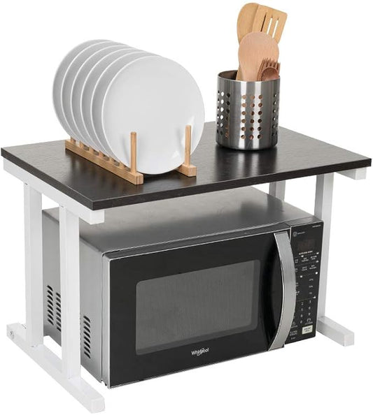 Wooden Microwave Oven Rack, 2-Tier Kitchen Counter Shelf, Kitchen Space Saving Organizer, Two Layers Counter Top Organizer for printers on desk, Microwave Shelf Stand,Microwave Countertop Stand- Black