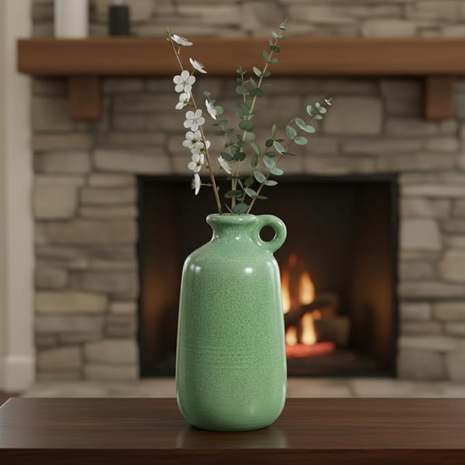 Sunddo Green Ceramic Vase 10 Inch - Modern Decorative Vase with 1 Handle, Table, Shelf Bookshelf, Mantel, Entryway Decor and Centerpieces