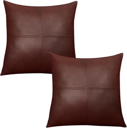 Lambskin Leather Pillow Cover, Hand Panel Stitched Leather Decorative Throw Pillow Covers for Couch Sofa Bed Living Room Garden (14x14 Inches, Deep Maroon Pack of 2)