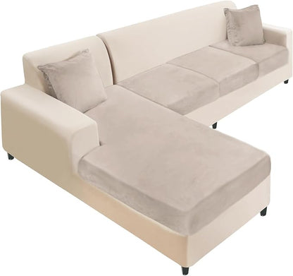 NAISI Sectional Couch Cover 4 Pieces Velvet Separate Couch Cushion Covers L Shape Soft Stretch Sofa Slipcovers with 2pcs Pillowcases for Left/Right Chaise Sectional Couch(3 Seater+1 Chaise,Taupe)