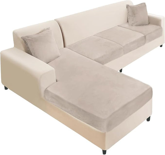 NAISI Sectional Couch Cover 4 Pieces Velvet Separate Couch Cushion Covers L Shape Soft Stretch Sofa Slipcovers with 2pcs Pillowcases for Left/Right Chaise Sectional Couch(3 Seater+1 Chaise,Taupe)