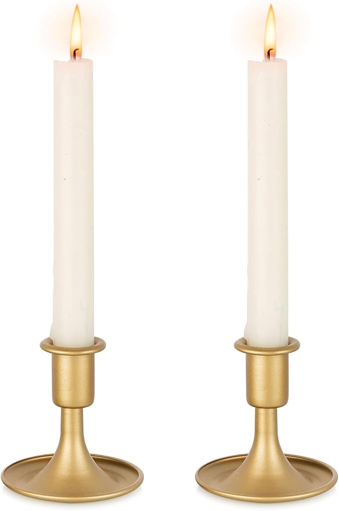 Gold Taper Candle Holder Vintage: Small Candle Sticks Holder Decor Brass Candlestick Holders for Home Dinning Table Wedding Centerpiece Holiday Party Chrismas Mantel Set of 2