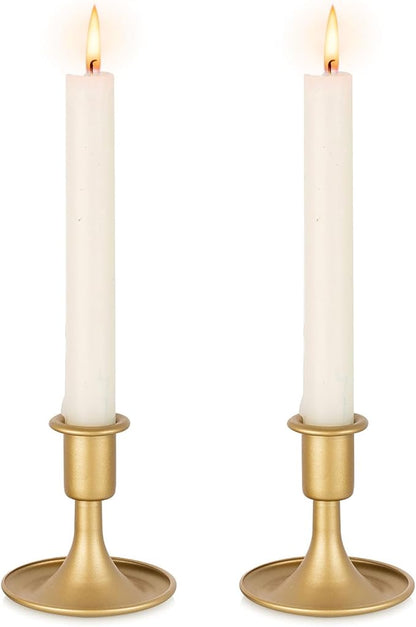 Gold Taper Candle Holder Vintage: Small Candle Sticks Holder Decor Brass Candlestick Holders for Home Dinning Table Wedding Centerpiece Holiday Party Chrismas Mantel Set of 2