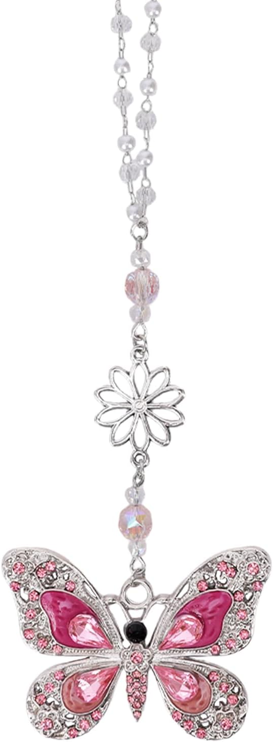Rear View Mirror Accessories Car Charm - Pink Crystal Butterfly Hanging Ornament, Sun Catcher Window Pendant for Car Interior Decoration, Christmas Birthday Gifts for Mom Aunt