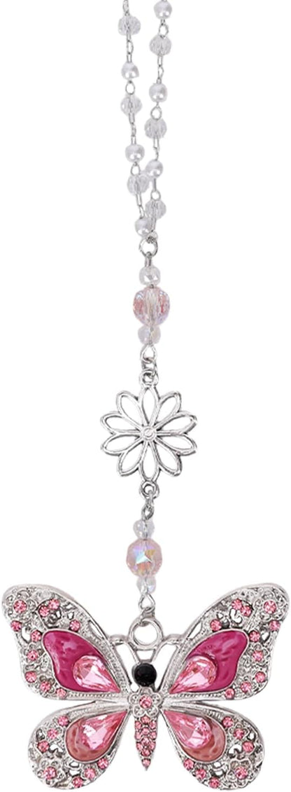 Rear View Mirror Accessories Car Charm - Pink Crystal Butterfly Hanging Ornament, Sun Catcher Window Pendant for Car Interior Decoration, Christmas Birthday Gifts for Mom Aunt