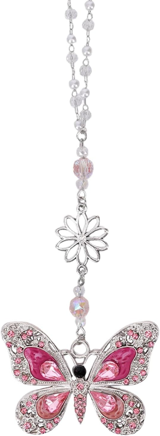 Rear View Mirror Accessories Car Charm - Pink Crystal Butterfly Hanging Ornament, Sun Catcher Window Pendant for Car Interior Decoration, Christmas Birthday Gifts for Mom Aunt