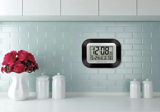Westclox Large Digital Wall Clock Battery Operated with Temperature Date and Day of Week with Alarm | Modern Digital Desk Clock for Office Kitchen Bedroom or Living Room | Black