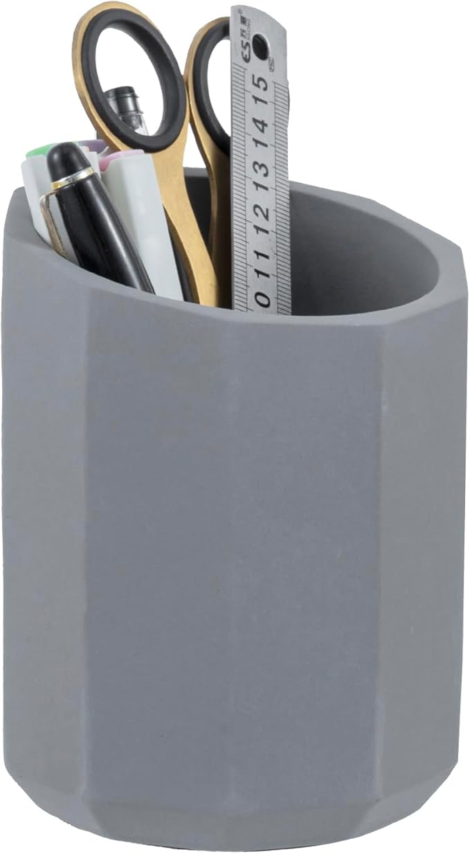 MyGift Pen Holder Pencil Holder For Desk Desktop Pen Cup Holder Gray Concrete 3.5 Inch Round Modern Office Desk Organizer