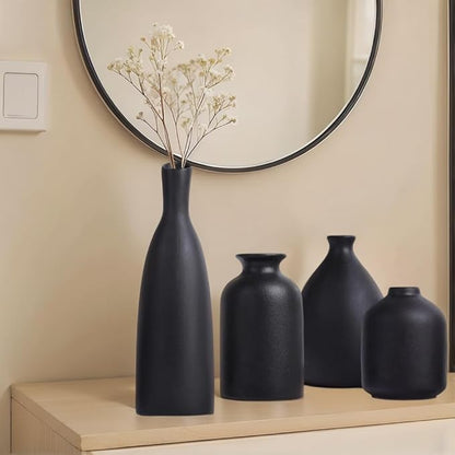 Black Ceramic Vase Set of 4, Matte Black Vases for Home Decor, Ceramic Small Bud Vase for Flowers, Modern Minimalism Decorative Flowers Vases for Centerpieces, Table, Shelf, Office Decor