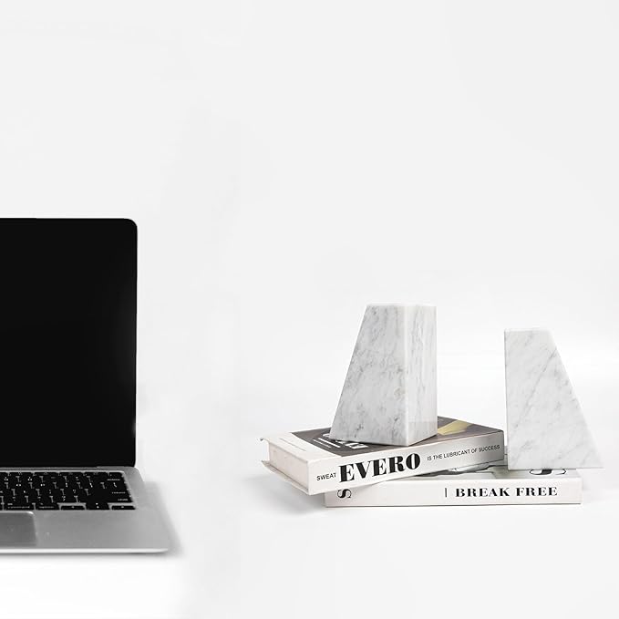 Luxury Marble Bookends for Shelves, 11LB Heavy Duty Marble Book Ends for Heavy Books, Stone Bookends Decorative, Polished, Carrara White Triangular, Set of 2