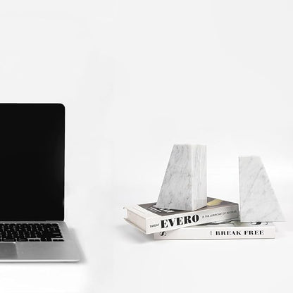 Luxury Marble Bookends for Shelves, 11LB Heavy Duty Marble Book Ends for Heavy Books, Stone Bookends Decorative, Polished, Carrara White Triangular, Set of 2