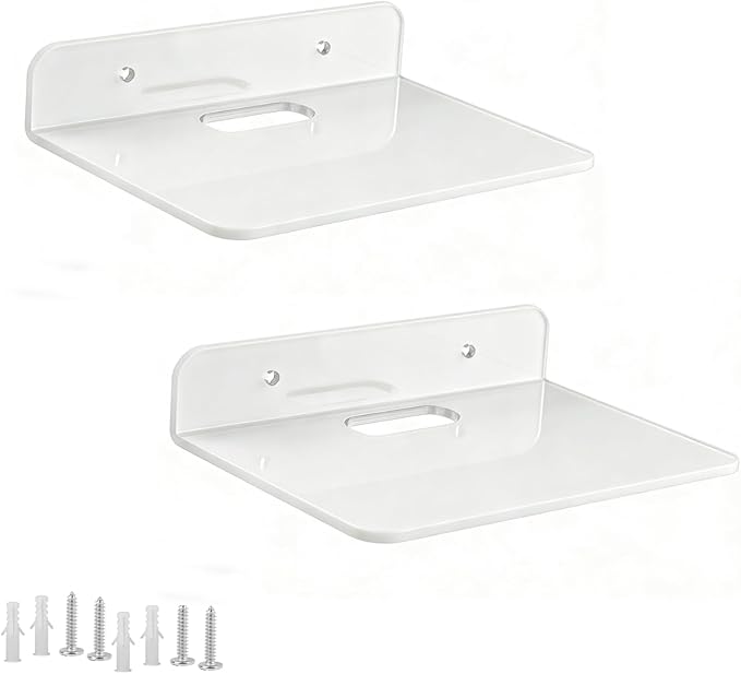Small Floating Shelves Acrylic Wall Shelf 2 Pack Hanging Shelves for Bedroom, Gaming Room, Living Room, Bathroom, Office with Cable Clips (White)