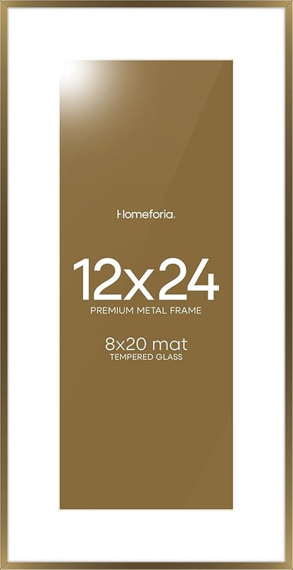Homeforia 12x24 Picture Frame Bronze, High End Metal 12by24 Brass Poster Frames with Mat 8x20 Photo, 12 x 24 Panoramic Frames Matted to 8 by 20 Print, 24by12 Frames, Tempered Glass, Wall Kit, Set of 1