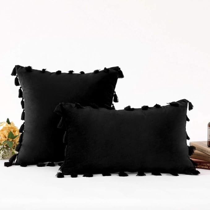 vctops Velvet Soft Solid Decorative Throw Pillow Cover with Tassels Boho Accent Cushion Case for Couch Bedroom Car Black 18''x18''