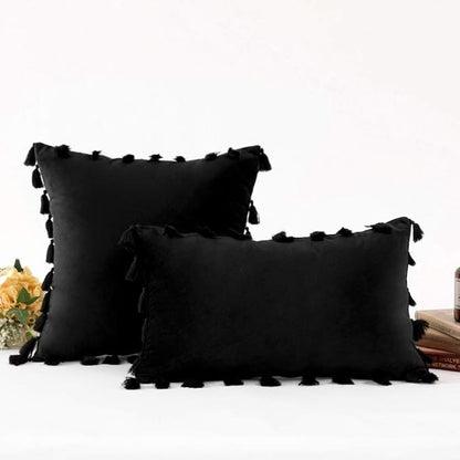 vctops Velvet Soft Solid Decorative Throw Pillow Cover with Tassels Boho Accent Cushion Case for Couch Bedroom Car Black 12''x20''