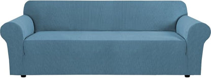 H.VERSAILTEX Stretch Couch Covers for Sofa 1 Piece Slipcovers for Couch and Sofas 3 Seater Couch Cover Feature Thick Checked Jacquard Fabric with Elastic Bottom(Large Sofa 90"-100" Wide, Storm Blue)