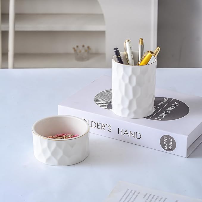 Aesthetic Desk Organizer Set of 2 For Office, Ceramic Pen Holder and Paper Clip Holder Dispenser, Cute Pencil Cup Pot for Desk, Desktop Accessories, Office Decor for women men Ideal Gifts (White Set)