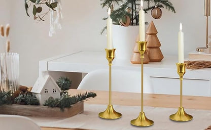 Candle Stick Holder Set of 3 - Gold Vintage Metal Taper Holders，Decorative Centerpiece for Table, Mantel, Wedding
