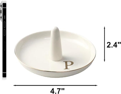 Ceramic Initials Jewelry Tray Ring Dish With Personalized P-Monogrammed Engagement Wedding Gifts, for Birthday Mother's Day for Women, Ceramic White 4.7" x2.4"
