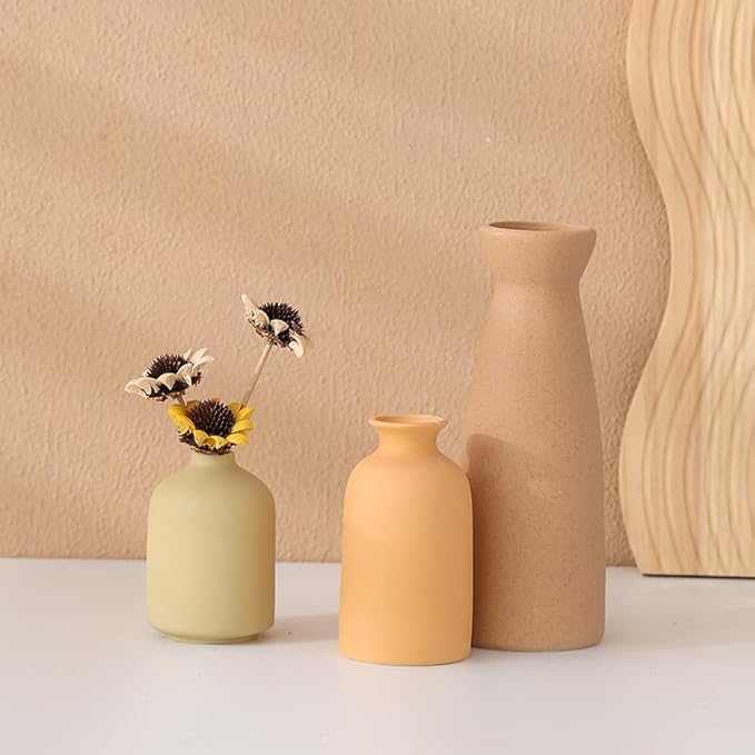 Ceramic vase Set-3 Small Flower vases for Decor, Modern Vases for Home Decor, Vases for Wedding Boho Decor, Minimalist Vase for Table, Living Room, Shelf, Bookshelf and Entryway Décor