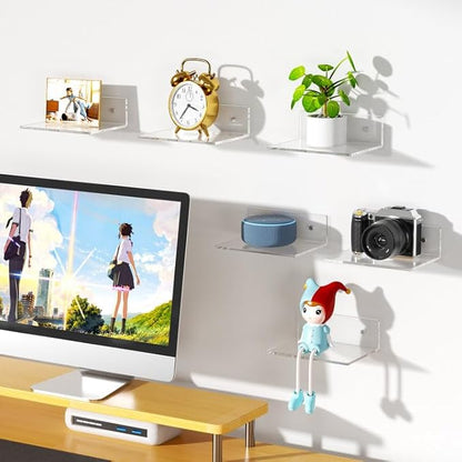 FEMELI 2 PCS 6" Acrylic Floating Shelves, Clear Shelf for Display, Plant, Perfume, Book in Bedroom Living Room Office, 5mm Thick Wall-Mounted Acrylic Shelves for Wall