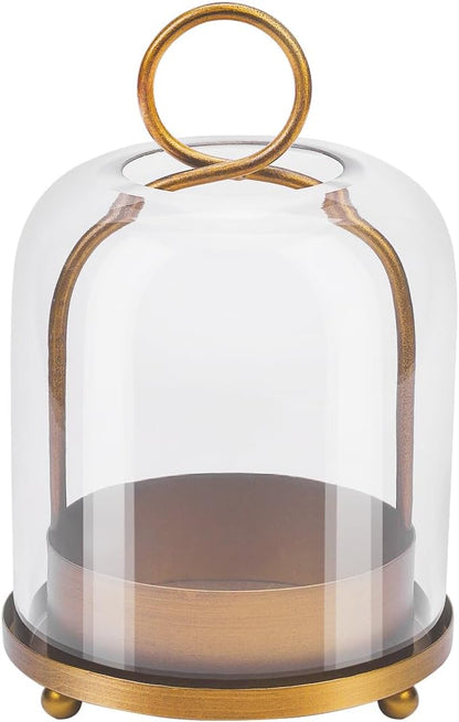 5"x7.5" Versatile Modern Metal Hurricane Lantern with Handmade Sturdy Glass Dome in Antique Brass for 3" Pillar Candle & Plants, Industrial, Farmhouse, Shabby Chic (Brass, 5"x7.5" for 3" Pillar)