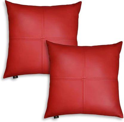 LL LEATHER LOVERS Lambskin Leather Pillow Cover, Hand Panel Stitched Leather Decorative Throw Pillow Covers for Couch Sofa Bed Living Room Garden (20x20 Inches, Cherry Red Pack of 2)