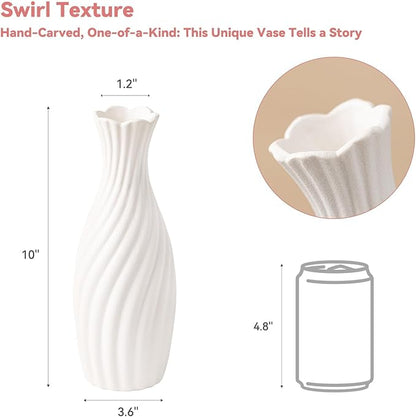 White Ceramic Vase with Swirl Texture - 10" Unique Flower Vase for Pampas Grass & Centerpieces, Decorative Boho/Farmhouse Vase for Living Room, Office Desk & Housewarming Gift (for Her/Yourself)