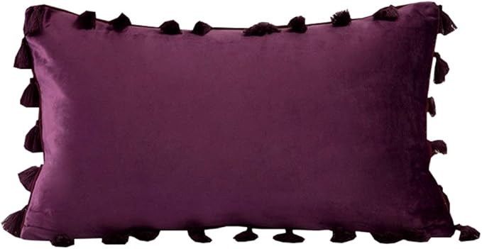 vctops Velvet Soft Solid Decorative Throw Pillow Cover with Tassels Boho Accent Cushion Case for Couch Bedroom Car Dark Purple 12''x20''