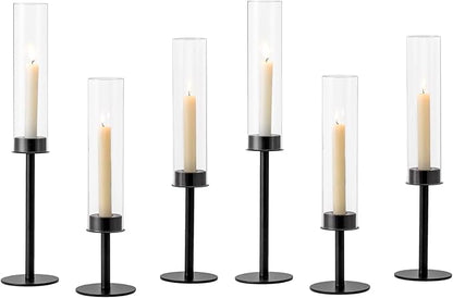 Hewory Black Candlestick Holders Hurricane Candle Holder, 6Pcs Candle Stick Candle Holder Candelabra, Taper Candle Holders with Glass Candle Cover for Wedding Table Centerpiece Christmas Decor
